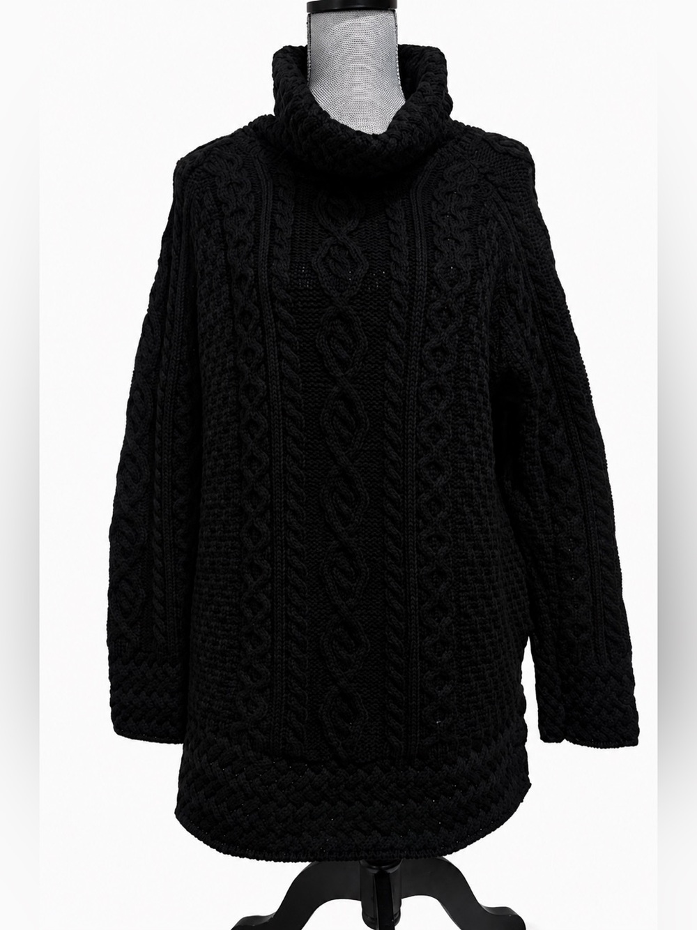 Aran Sweater Market Merino Wool Chunky Cable Knit Tunic Sweater Black Size XL